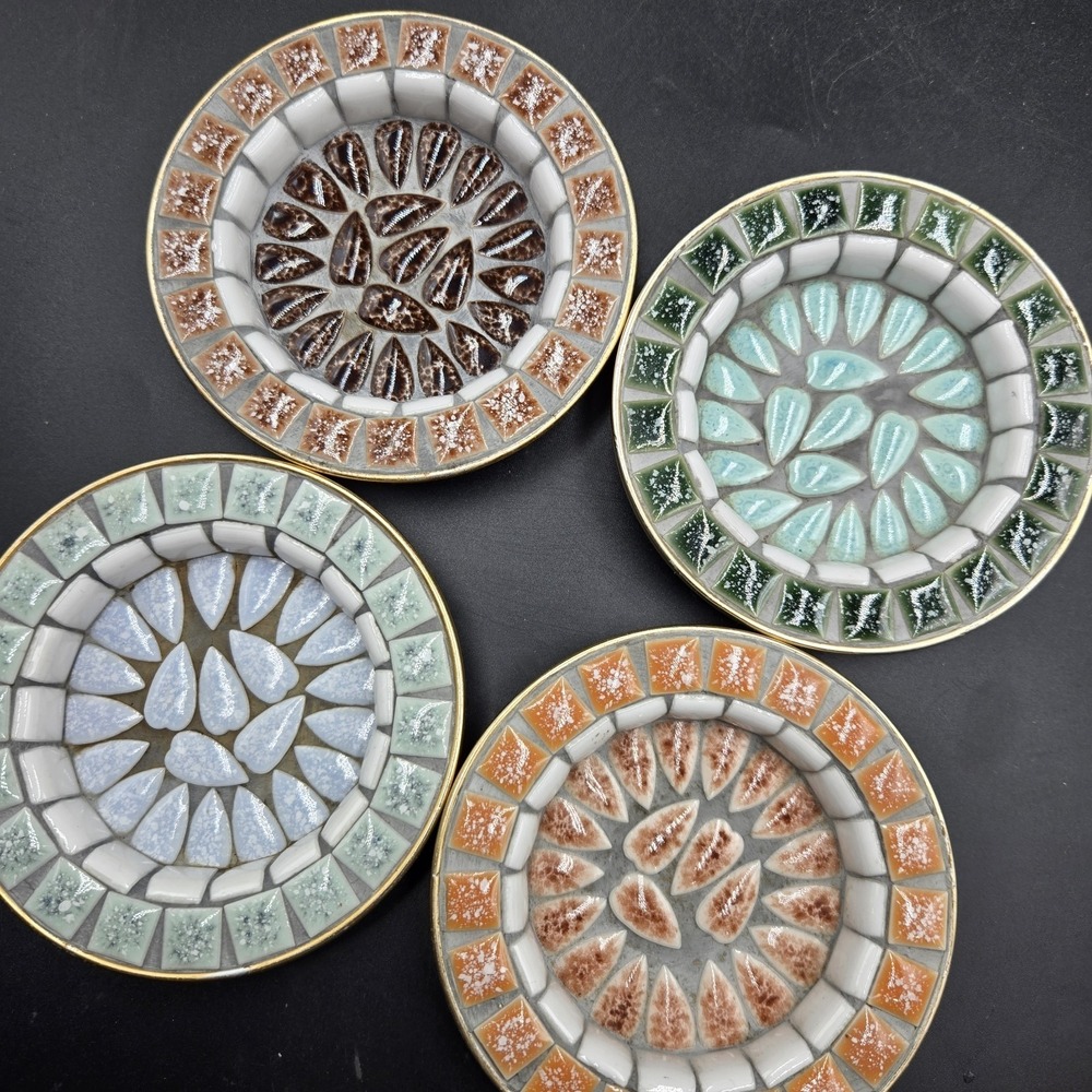 Vtg 4 Piece Mid-Century Modern Mosaic Tile Coaster Dish Hand Crafted Japan